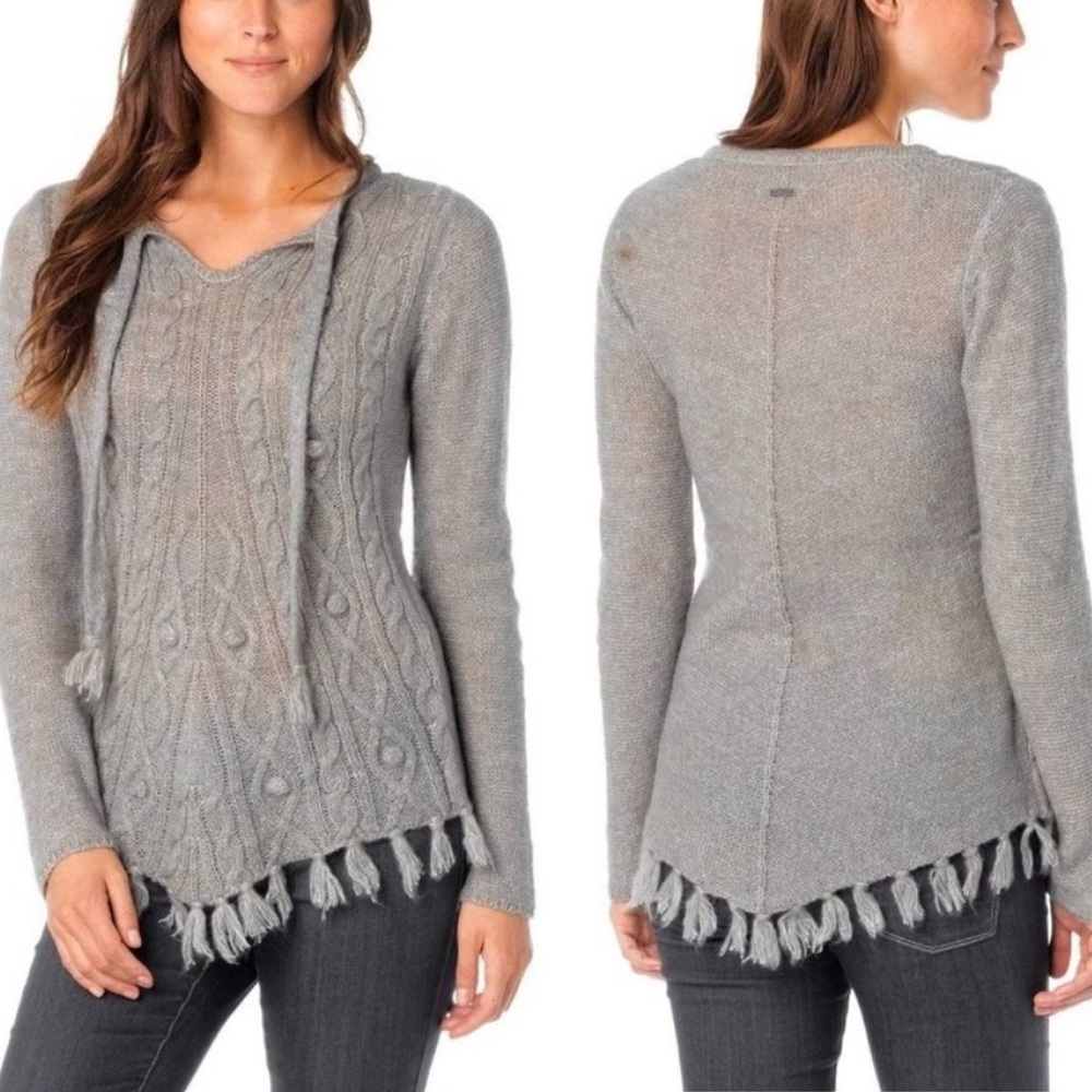 Prana Shelby Gray Cable Knit Fringe Wool Blend Sweater Tie Poncho Soft Small - Picture 1 of 10